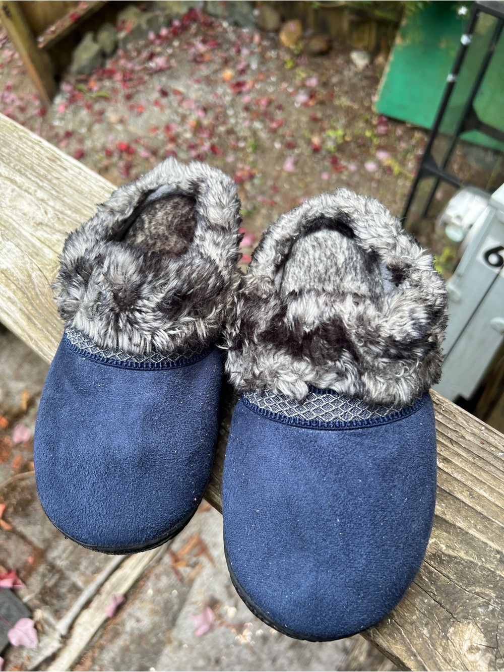 Isotoners Navy Faux Suede Fur Lined Slip-On Slippers
